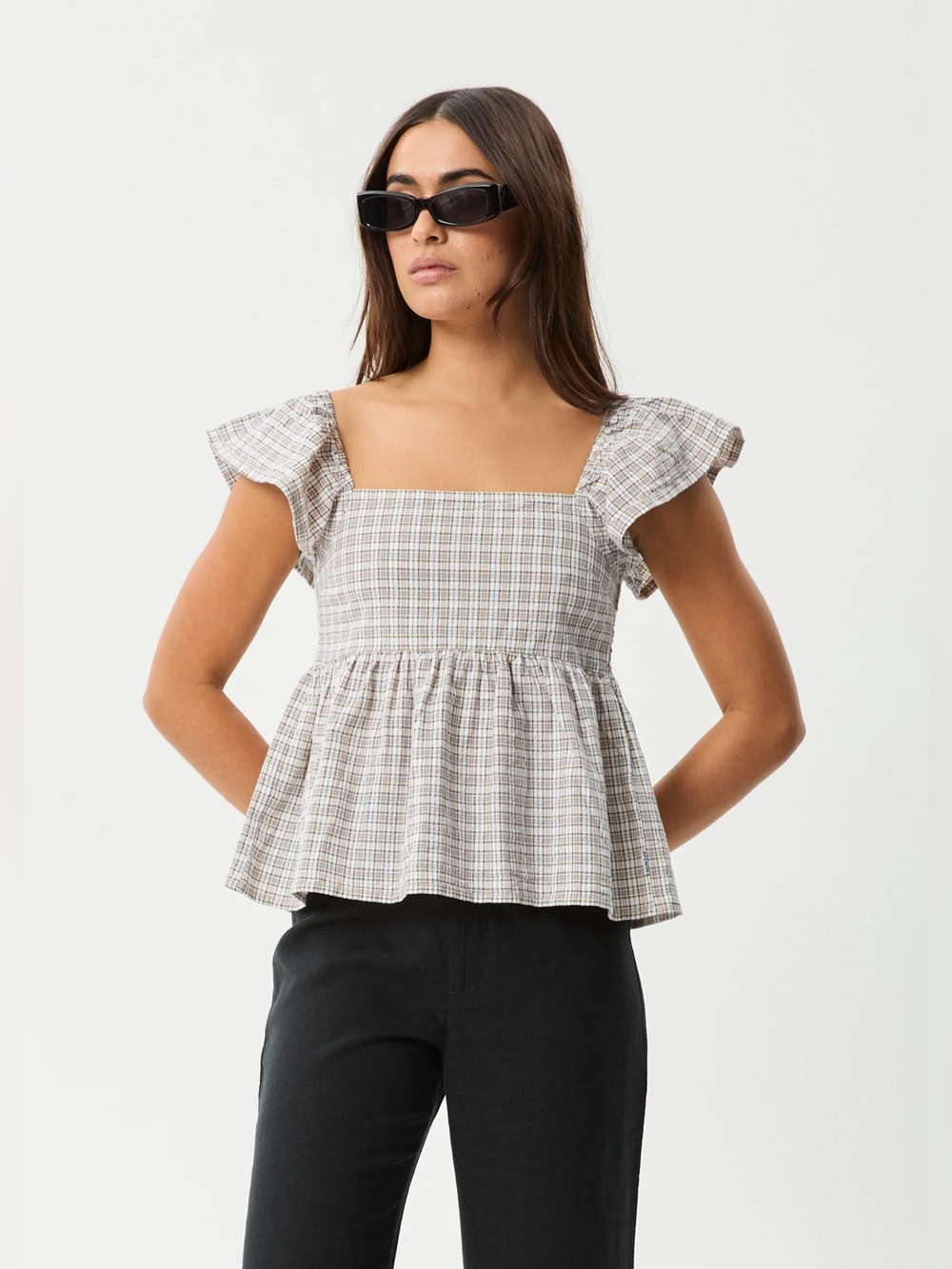 Afends Plaid Square Neck Ruffle Sleeve Top in Neutral Check